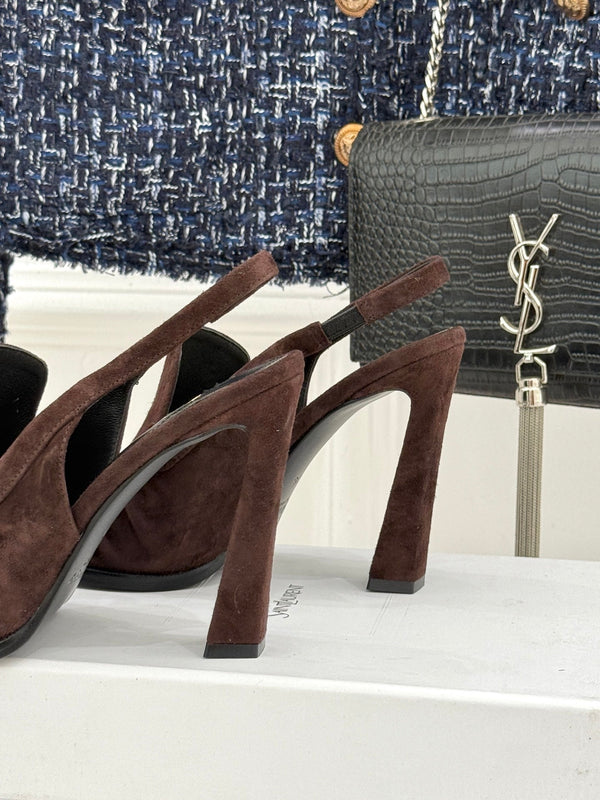 YSL 26WF Le Slingback 10.5cm Dark Brown Suede 642953