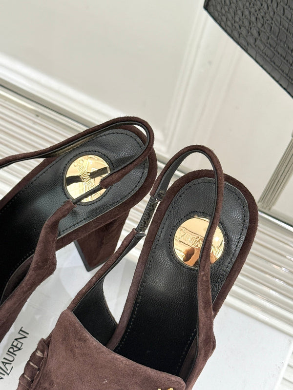 YSL 26WF Le Slingback 10.5cm Dark Brown Suede 642953