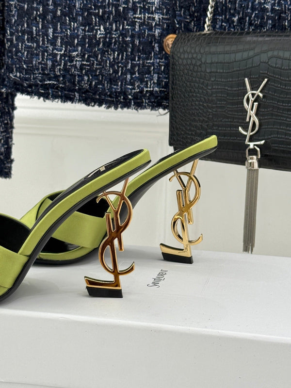 YSL Opyum Sandal 85 Green Silk Leather 642938