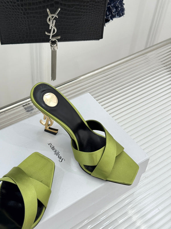 YSL Opyum Sandal 85 Green Silk Leather 642938