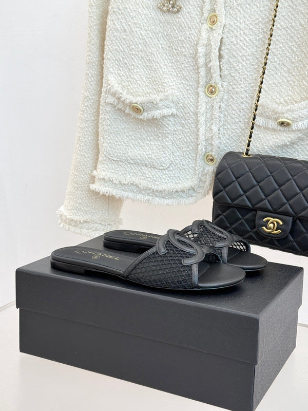 CC Openwork Slippers Black Mesh Lambskin 825757