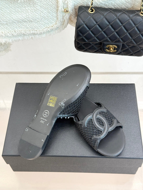CC Openwork Slippers Black Mesh Lambskin 825757