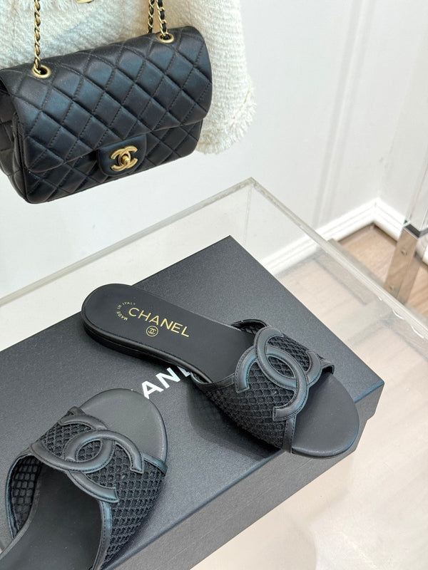 CC Openwork Slippers Black Mesh Lambskin 825757