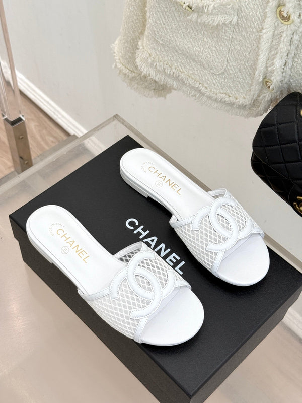 CC Openwork Slippers White Mesh Lambskin 825758