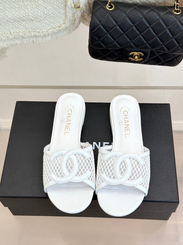 CC Openwork Slippers White Mesh Lambskin 825758