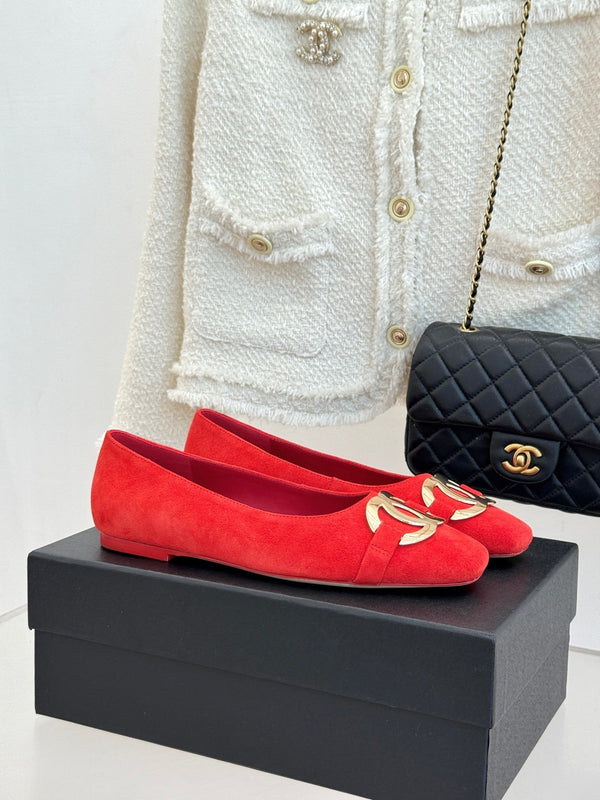CC 26s Buckle Square Toe Ballet Flat Red Suede 829735