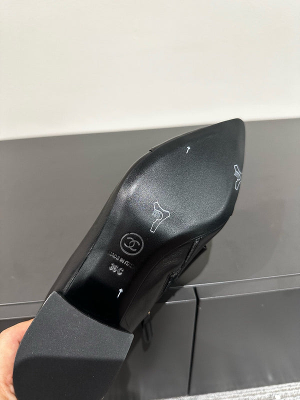 CC Pointed Toe High Heels Black Bow Tie Cowhide