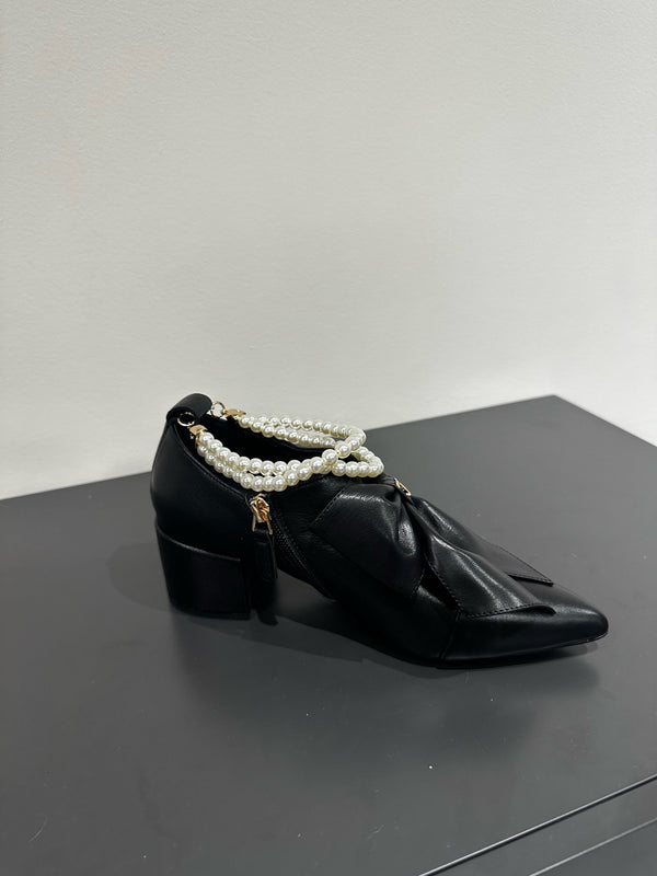 CC Pointed Toe High Heels Black Bow Tie Cowhide