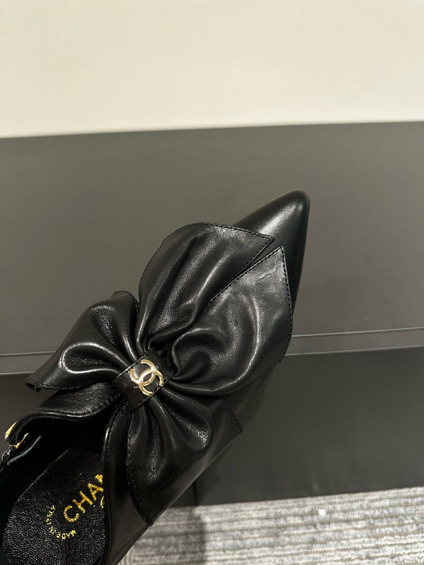 CC Pointed Toe High Heels Black Bow Tie Cowhide