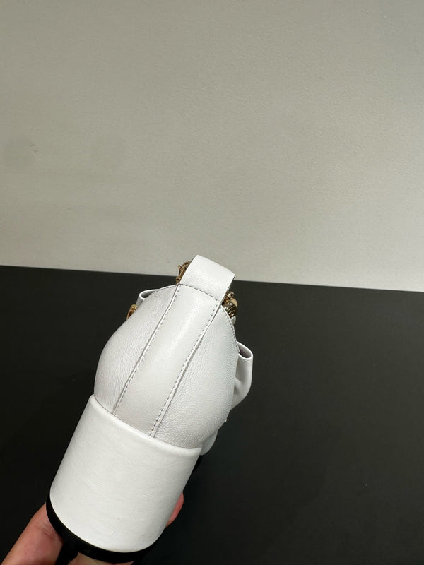 CCC Pointed Toe High Heels White Bow Tie Cowhide