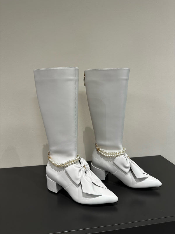 CC High Boots White Bow Tie Cowhide