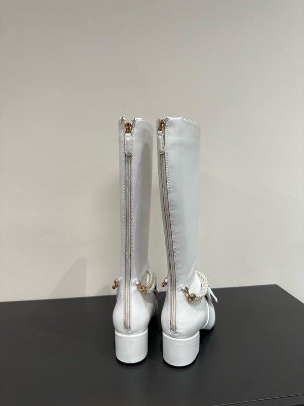 CC High Boots White Bow Tie Cowhide