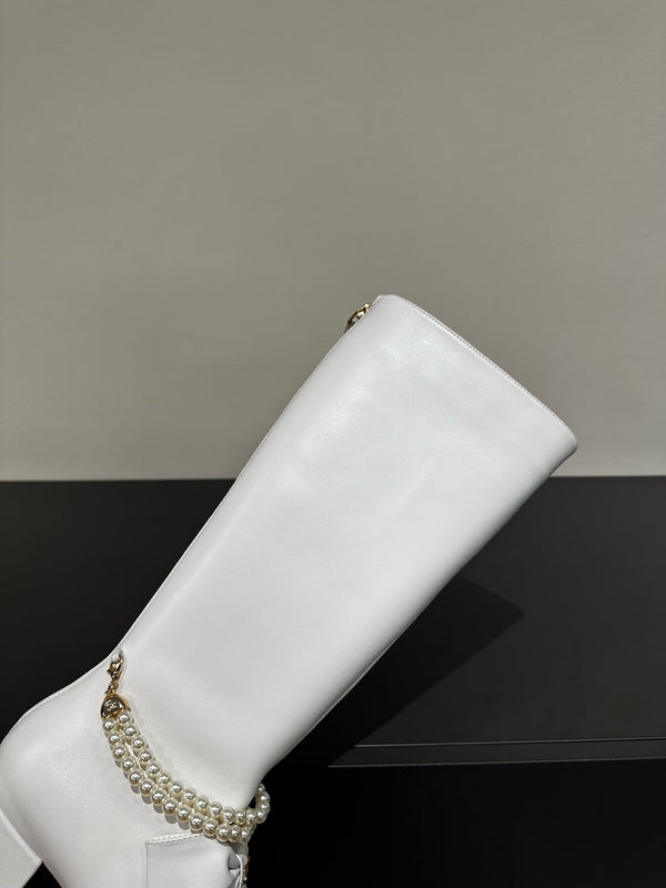 CC High Boots White Bow Tie Cowhide