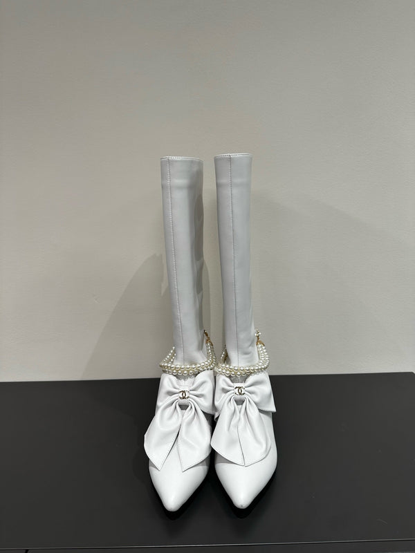 CC High Boots White Bow Tie Cowhide