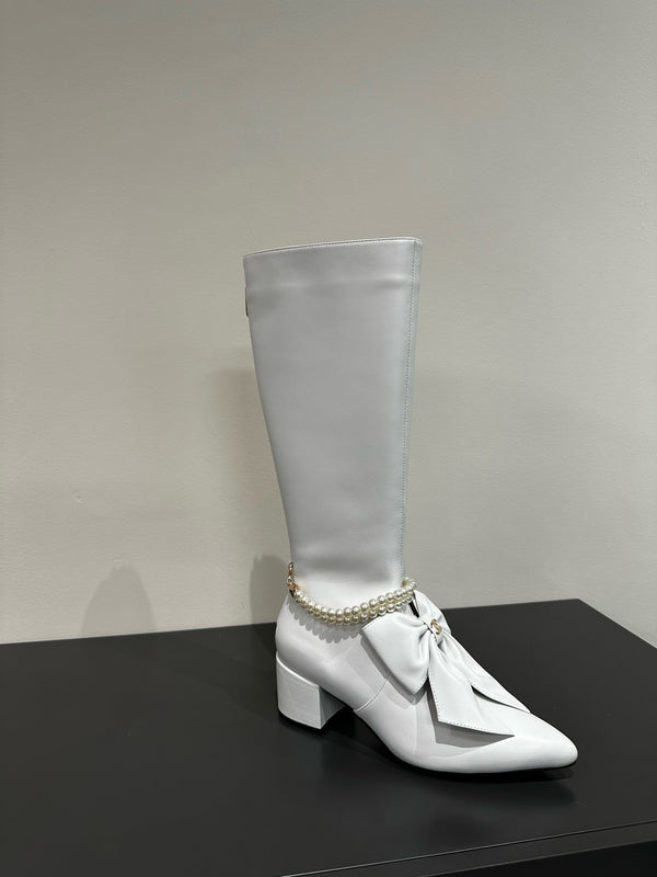 CC High Boots White Bow Tie Cowhide