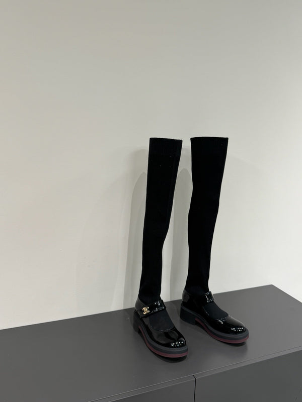 CC 25ss Long Sock Boots Black Patent Leather& Wool 417819
