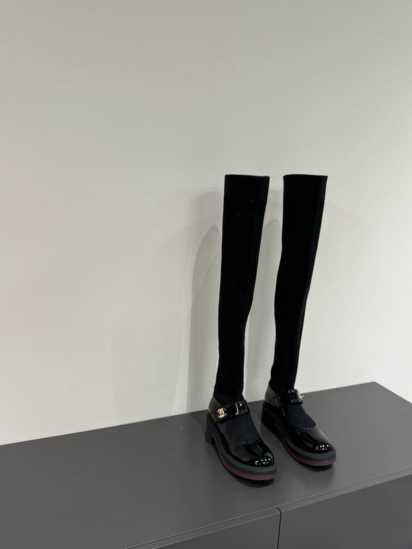 CC 25ss Long Sock Boots Black Patent Leather& Wool 417819