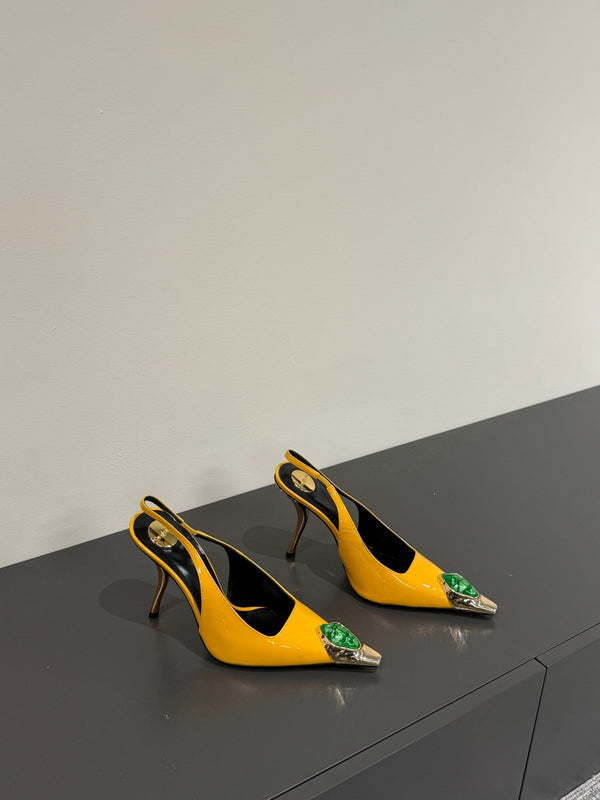 GREEN GEM-STUDDED SLINGBACK PUMPS IN YELLOW PATENT CALFSKIN
