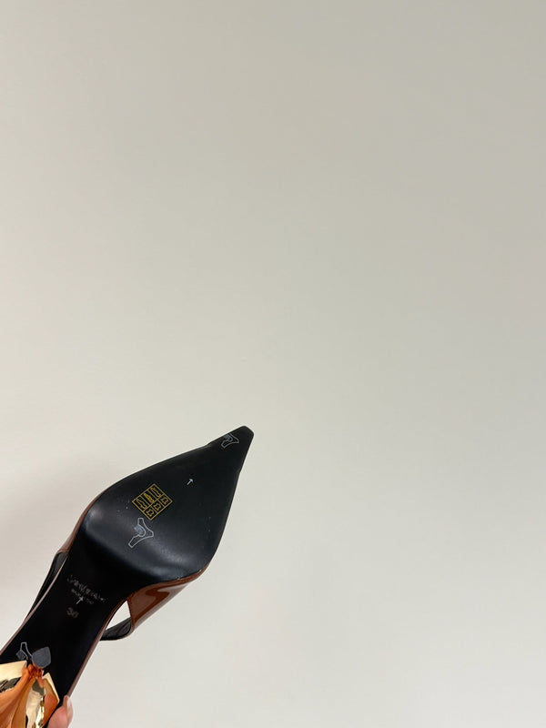 ORANGE GEM-STUDDED SLINGBACK PUMPS IN BRONZE BROWN PATENT CALFSKIN