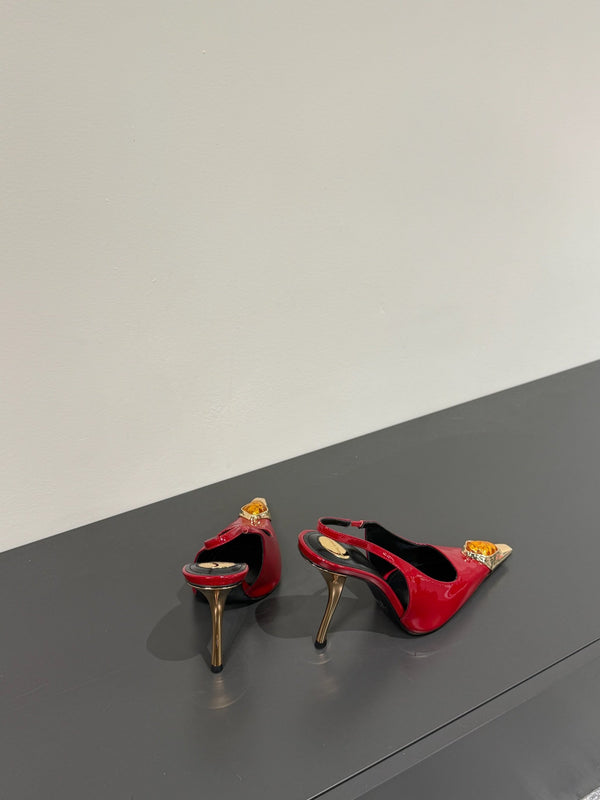 ORANGE GEM-STUDDED SLINGBACK PUMPS IN RED PATENT CALFSKIN