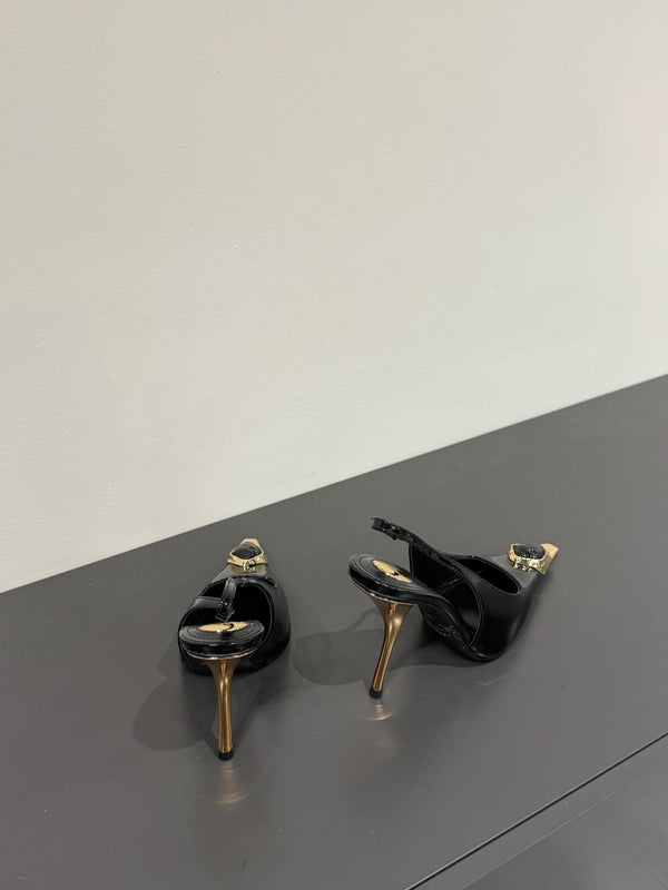 BLACK GEM-STUDDED SLINGBACK PUMPS IN BLACK PATENT CALFSKIN