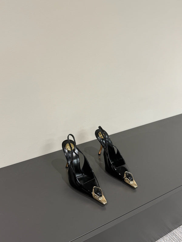 BLACK GEM-STUDDED SLINGBACK PUMPS IN BLACK PATENT CALFSKIN