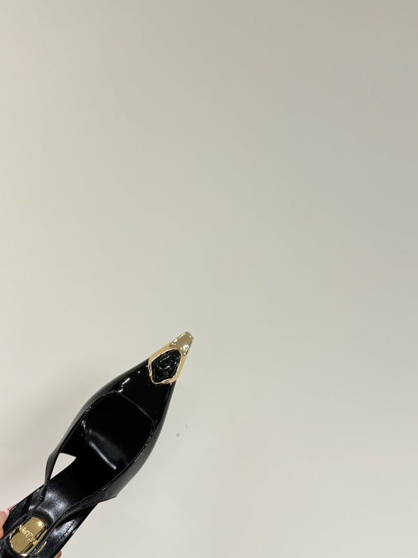 BLACK GEM-STUDDED SLINGBACK PUMPS IN BLACK PATENT CALFSKIN