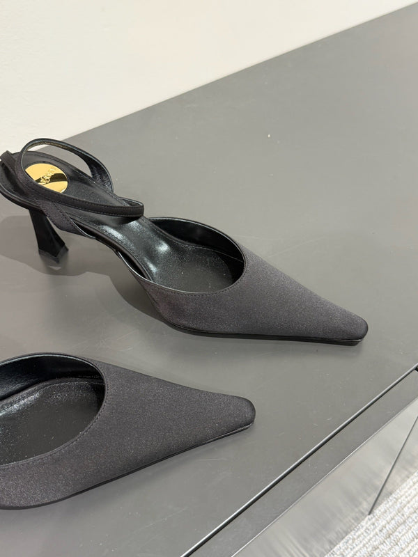 AIMÉE SLINGBACK PUMPS IN BLACK SATIN