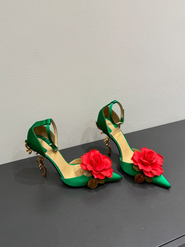 CC 25 Flower Rose Pumps Green Silk 337165