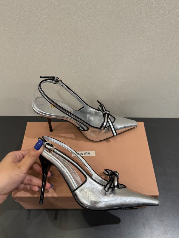 Miu slingback pump metallic sliver leather