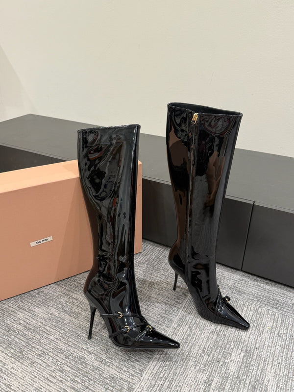Miu 90 knee high boots black patent leather