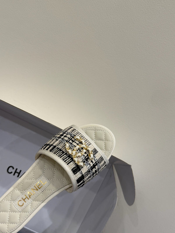 CC 25ss Chain Flat Slippers Black WhiteCowhide & Sheepskin 417563