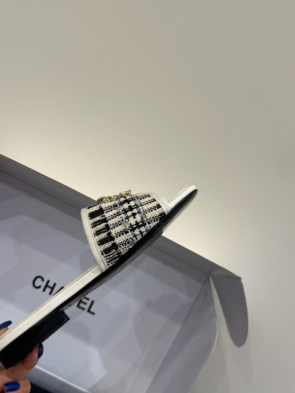 CC 25ss Chain Flat Slippers Black WhiteCowhide & Sheepskin 417563