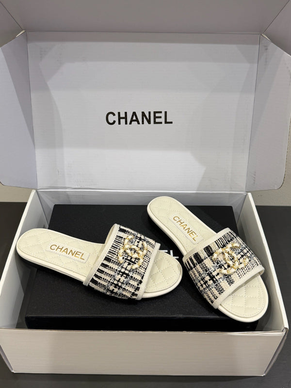 CC 25ss Chain Flat Slippers Black WhiteCowhide & Sheepskin 417563