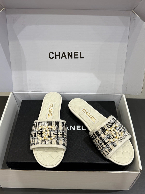 CC 25ss Chain Flat Slippers Black WhiteCowhide & Sheepskin 417563