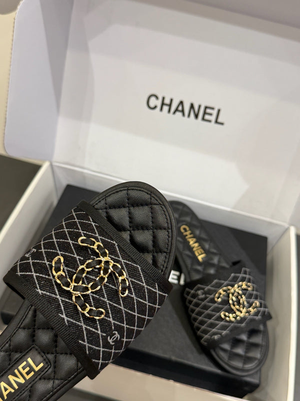 CC 25ss Chain Flat Slippers Black Cowhide & Sheepskin 417565