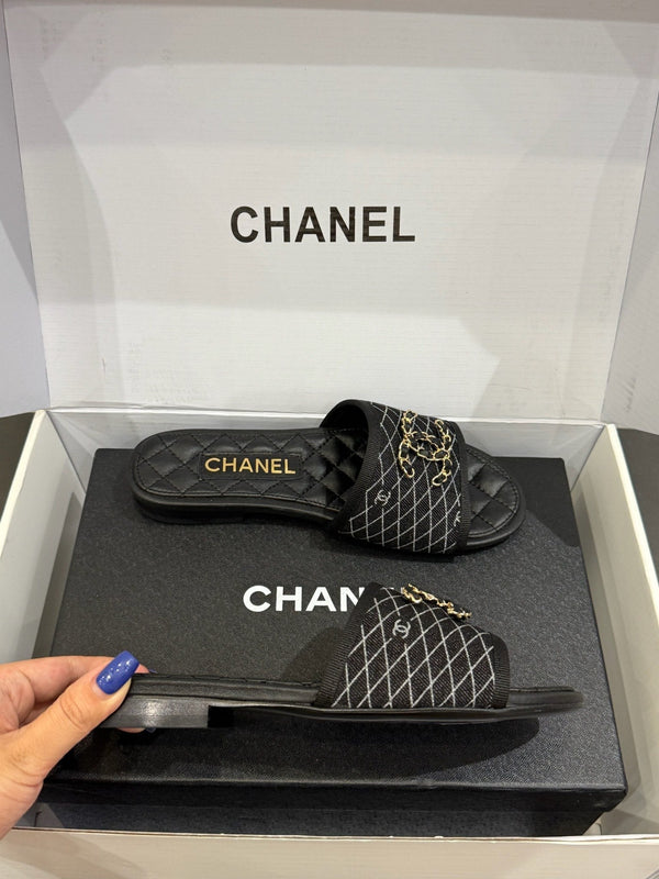 CC 25ss Chain Flat Slippers Black Cowhide & Sheepskin 417565