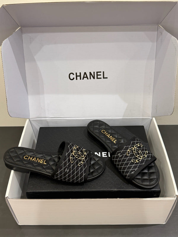 CC 25ss Chain Flat Slippers Black Cowhide & Sheepskin 417565