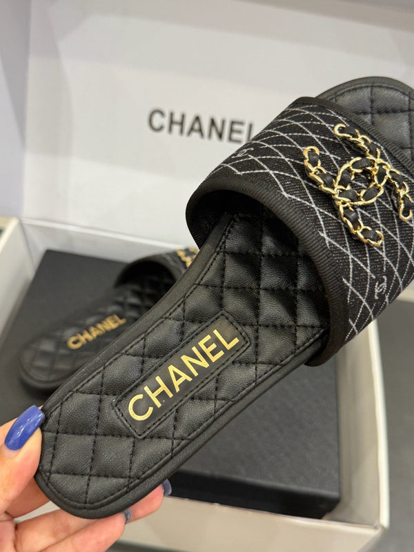 CC 25ss Chain Flat Slippers Black Cowhide & Sheepskin 417565