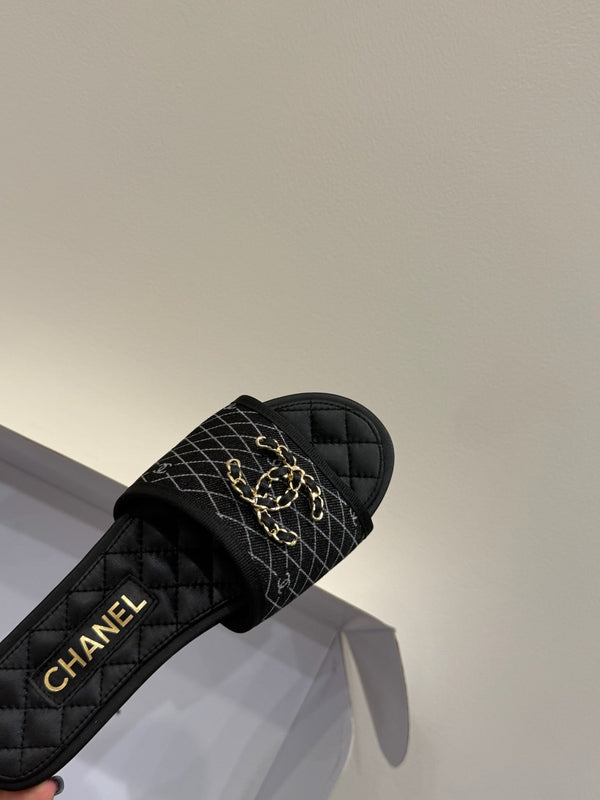 CC 25ss Chain Flat Slippers Black Cowhide & Sheepskin 417565