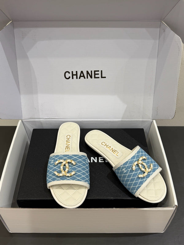 CC 25ss Chain Flat Slippers Blue White Cowhide & Sheepskin 417566