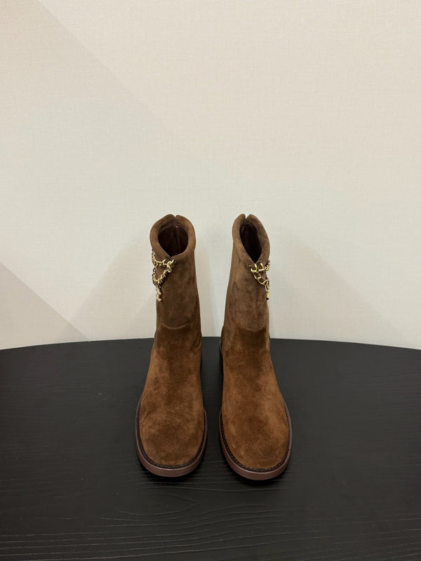 CC 25s Short Flat Chain Knight Boots Brown Cow Suede&Sheeepskin 417843