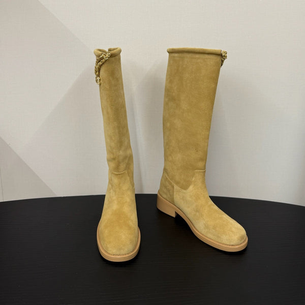CC 25s Long Flat Chain Knight Boots Beige Cow Suede&Sheeepskin 417844