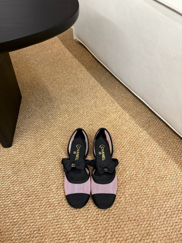 CC 26s Mary Jane Flats In Pink And Black Mesh Ribbon Strap Cap Toe
