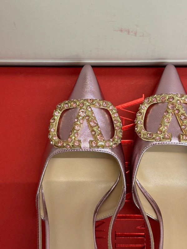 VL 26s High Heel Slingbacks In Metallic Pink Calfskin With Crystal