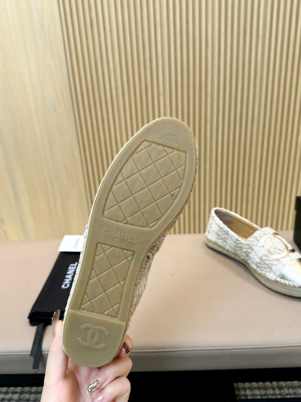 cc espadrilles white brown braided fabric gold metalic calfskin