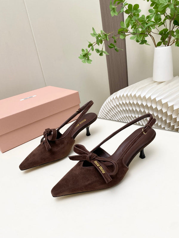 Miu 26s Slingback Pumps 55mm In Dark Brown Suede With Bow