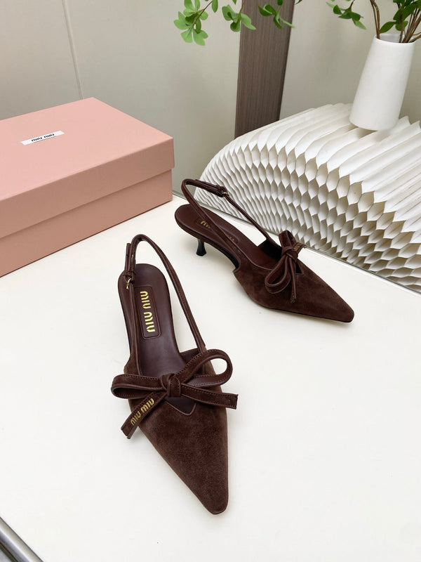 Miu 26s Slingback Pumps 55mm In Dark Brown Suede With Bow
