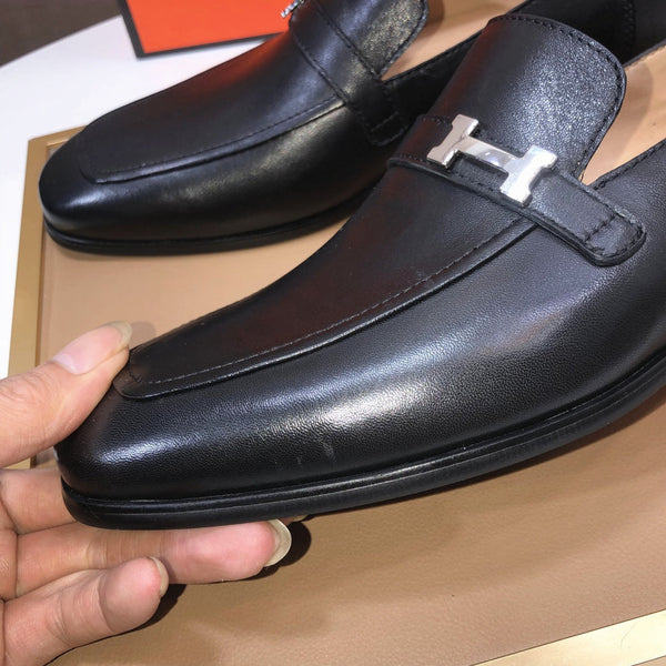 HM GIOVANNI WHITE H-BUCKLE LOAFER BLACK CALFSKIN