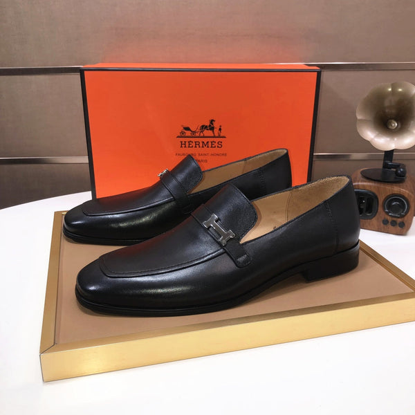 HM GIOVANNI WHITE H-BUCKLE LOAFER BLACK CALFSKIN